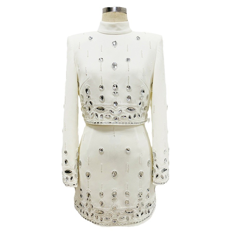 Fashionable Pearl Beaded Rhinestone Short-Sleeve Top And Skirt Set - Image 5