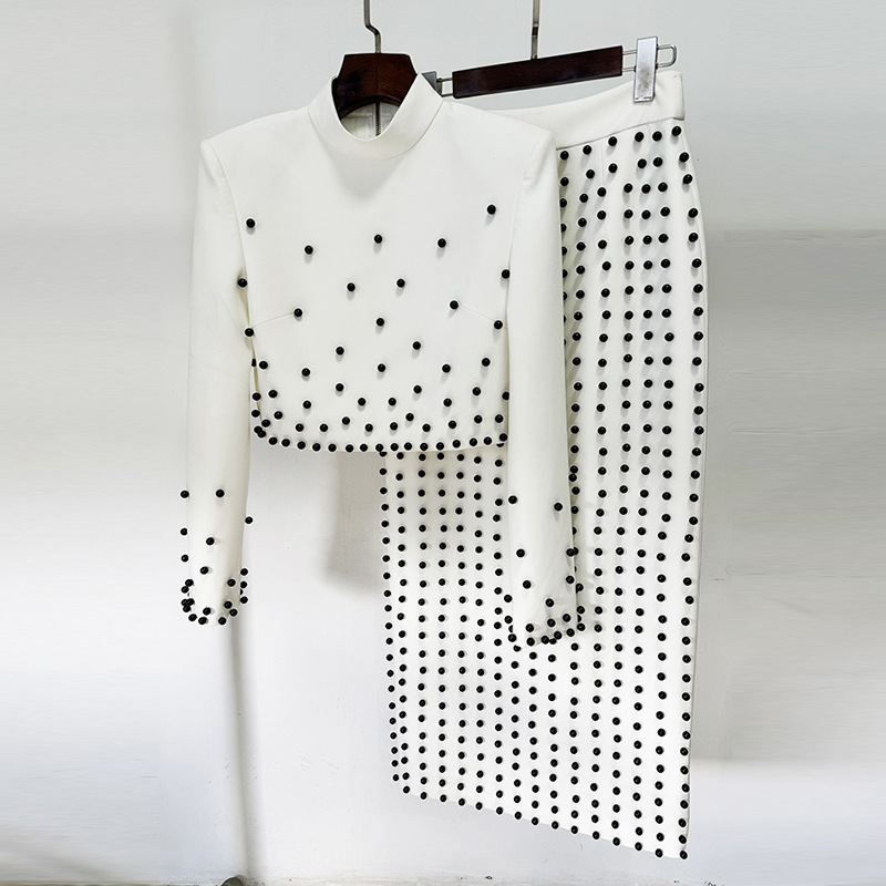 Trendy Pearl Beaded Short Sleeve Top & Long Skirt Set - Image 2
