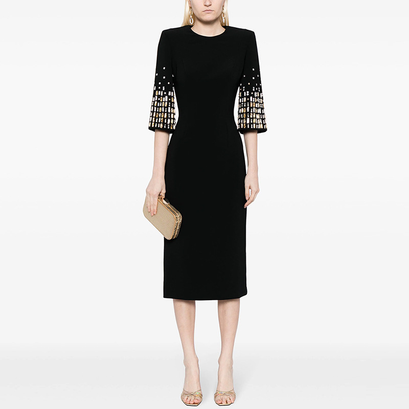Elegant Black Beaded Midi Dress