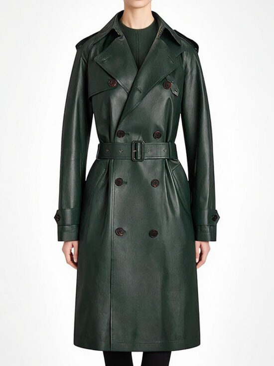 Double-Breasted Belted Faux Leather Trench Coat