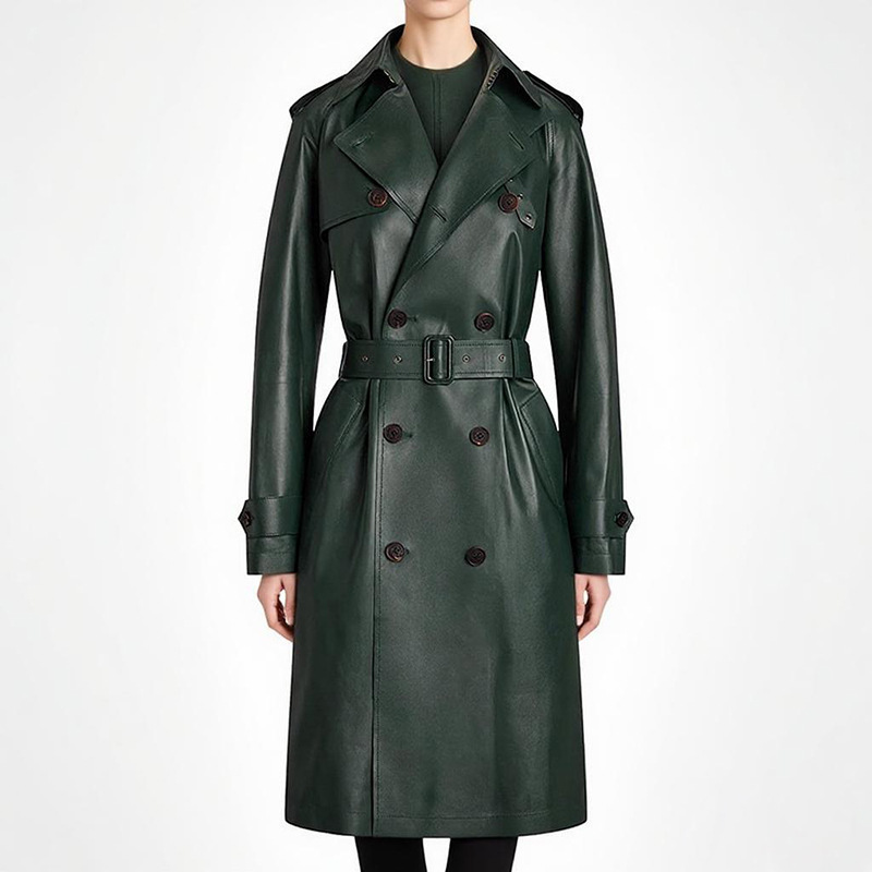 Double-Breasted Belted Faux Leather Trench Coat
