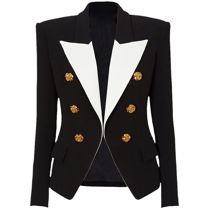 Fashionable Color Block Blazer With Metal Rose Button - Image 5