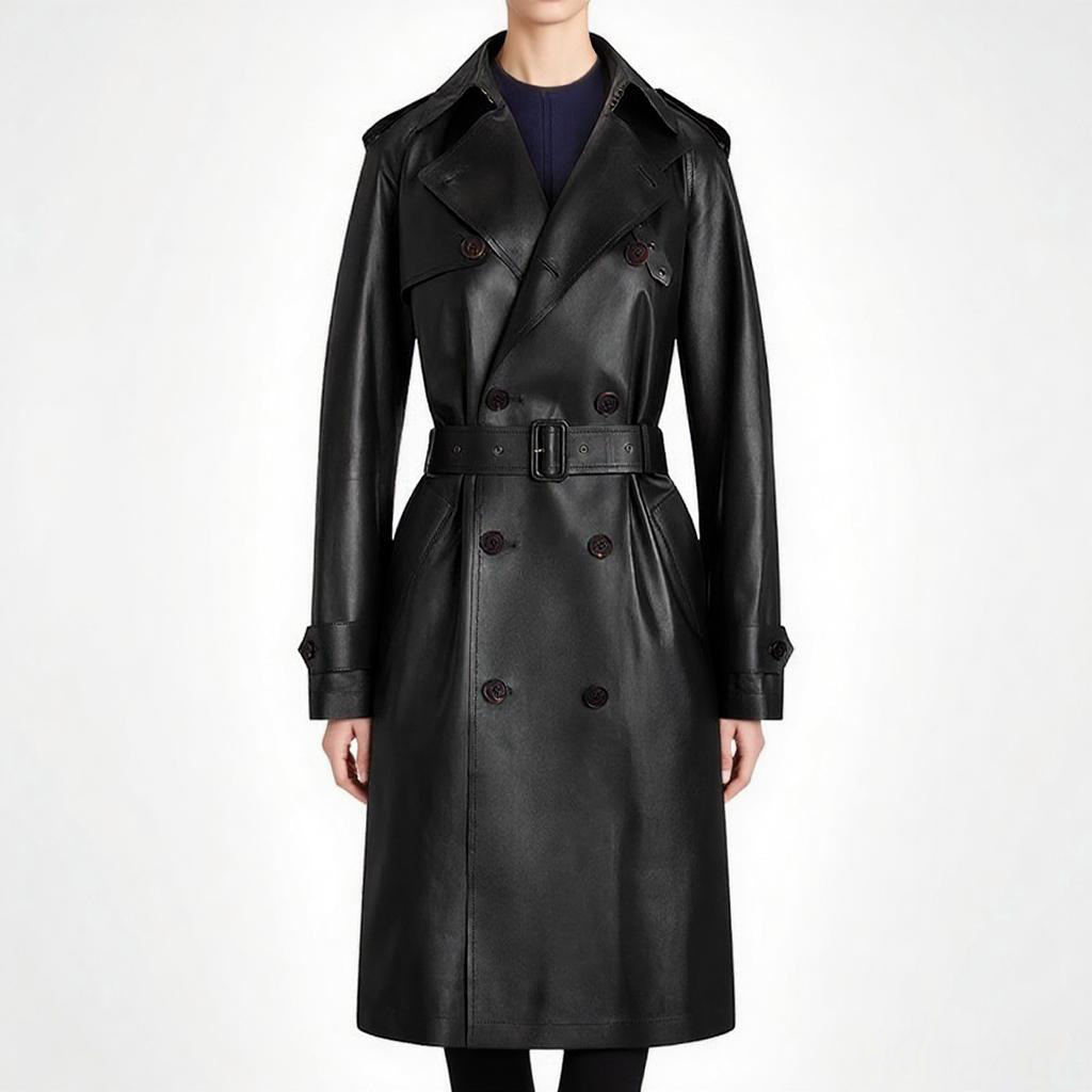 Double-Breasted Belted Faux Leather Trench Coat - Image 5