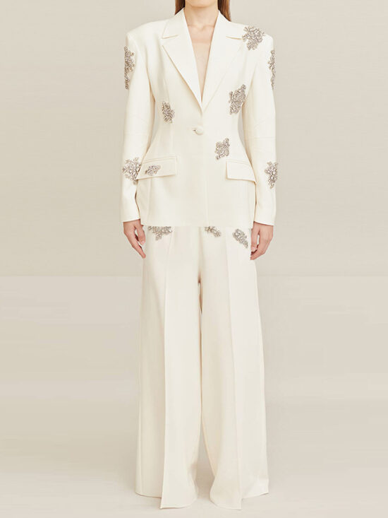 Trendy Elegant Pearl Beaded Blazer & Wide Leg Pants Set